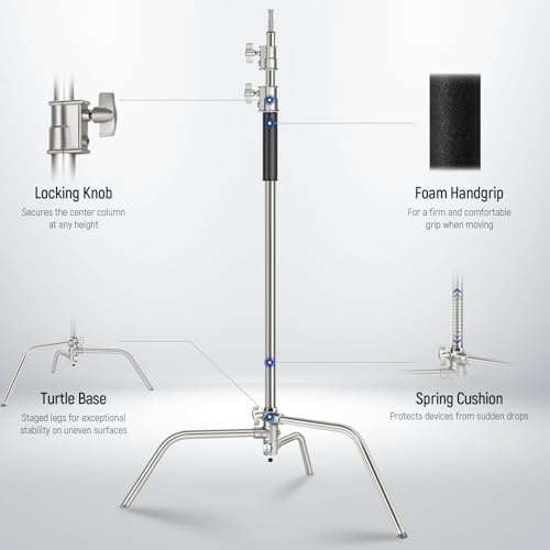NEEWER Basics 100  Stainless Steel Heavy Duty C Stand with Boom Arm  Max 10 5ft/320cm Photography Light Stand  4 2ft/128cm Holding  2 Grip Heads for Studio Monolight Softbox Reflector  SC320 Lite