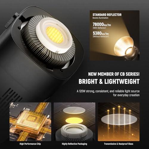 NEEWER CB120B 120W LED Video Light with 2 4G&APP Control COB Bi Color 2700K 6500K 78000lux at 1m/CCT Mode/CRI97/12 Scenes/Bowens Mount Continuous Output Lighting for Studio Photography/Video Recording