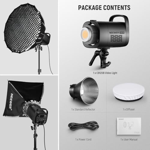 NEEWER CB120B 120W LED Video Light with 2 4G&APP Control COB Bi Color 2700K 6500K 78000lux at 1m/CCT Mode/CRI97/12 Scenes/Bowens Mount Continuous Output Lighting for Studio Photography/Video Recording