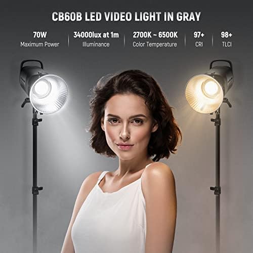 NEEWER CB60B 70W LED Video Light with 2 4G&APP Control  COB Bi Color 2700K 6500K 34000Lux at 1m/CCT CRI97 /12 Scenes/Bowens Mount  Bluetooth  with Reflector  Power Cord  Manual  Studio/Video Recording