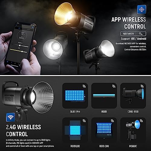 NEEWER CB60B 70W LED Video Light with 2 4G&APP Control  COB Bi Color 2700K 6500K 34000Lux at 1m/CCT CRI97 /12 Scenes/Bowens Mount  Bluetooth  with Reflector  Power Cord  Manual  Studio/Video Recording