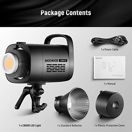 NEEWER CB60B 70W LED Video Light with 2 4G&APP Control  COB Bi Color 2700K 6500K 34000Lux at 1m/CCT CRI97 /12 Scenes/Bowens Mount  Bluetooth  with Reflector  Power Cord  Manual  Studio/Video Recording