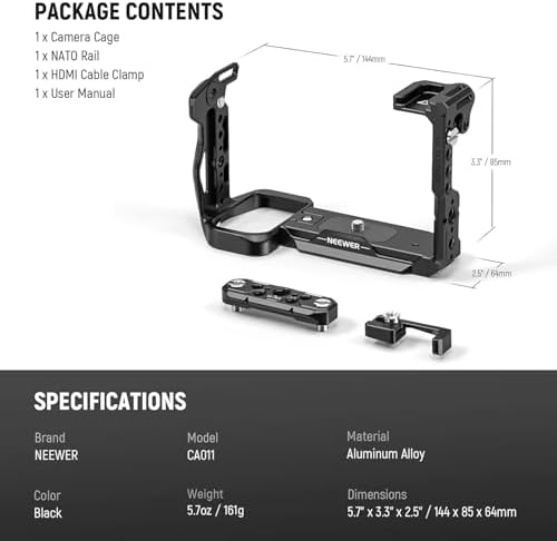 NEEWER Cage Camera Cage with HDMI Cable Clamp  NATO Rail  3/8 Inch ARRI Positioning Holes  1/4 Inch Thread Compatible with Sony FX3 FX30 Original XLR Handle
