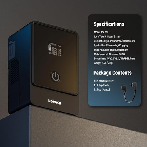 NEEWER Mini V Mount Battery  6800mAh 99Wh V Lock Battery  PD65W Fast Charging/D Tap/BP/USB A/Dual DC Port/OLED Display for Camcorder Video Camera Compatible with SmallRig BMPCC 4k 6k  PS099E