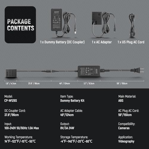 NEEWER NP W126/NP W126S Replacement Dummy Battery Charger Kit  AC Power Supply Adapter and DC Coupler Compatible with FUJIFLIM X100VI X T30 II X S10 X T200 X100F X100V X A5 X E4 X Pro3 X T3 X T20
