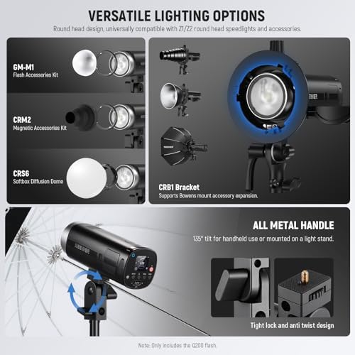 NEEWER Q200 200Ws 2 4G TTL Outdoor Studio Flash Strobe with App Control 1/8000 HSS  3200mAh Battery Powered Photography Monolight Speedlite 10W Modeling Lamp/750 Full Power Flash/0 01 1 5s Recycle