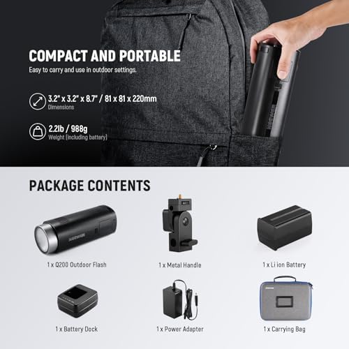 NEEWER Q200 200Ws 2 4G TTL Outdoor Studio Flash Strobe with App Control 1/8000 HSS  3200mAh Battery Powered Photography Monolight Speedlite 10W Modeling Lamp/750 Full Power Flash/0 01 1 5s Recycle