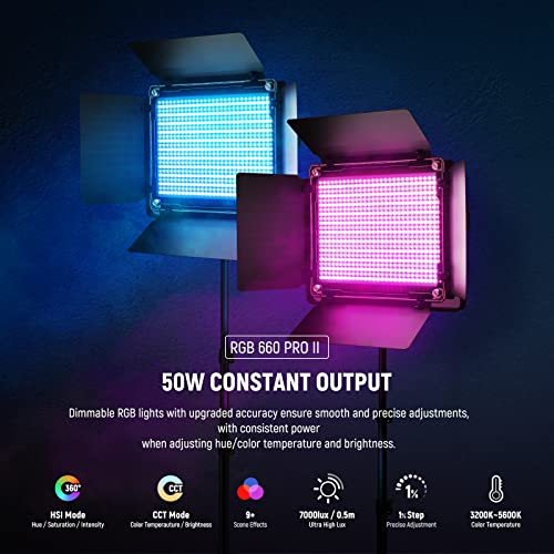 NEEWER Upgraded 660 PRO II RGB LED Video Light with App Control & Tripod Stand Kit  2 Pack 50W/1  Min Dimming/CRI97 /3200 5600K Key Lighting for Game Streaming YouTube Recording Studio Photography