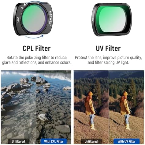 NEEWER Variable ND   CPL   UV Filter Set Compatible with DJI Osmo Pocket 3 Creator Combo Accessories  4 Pack HD ND2 32/ND64 512 Neutral Density Action Camera Lens Filters Kit   2X Cleaning Cloth