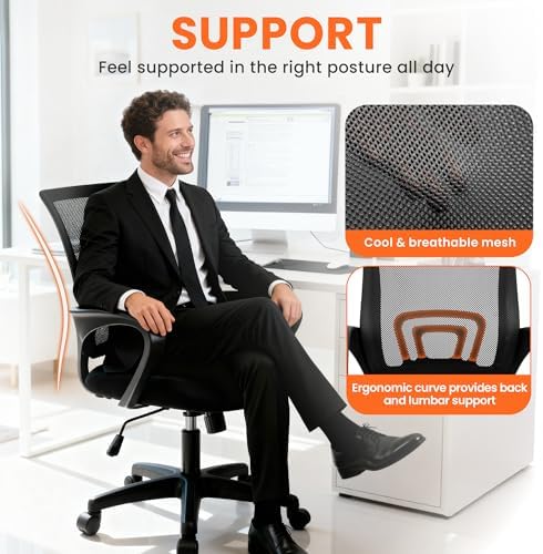 NEO CHAIR Office Desk Computer Chair Ergonomic Mesh Gaming Cushion Seat with Comfy Lumbar Mid Back Support Adjustable Height Swivel Rolling Wheels for Home Task  Mesh Black 