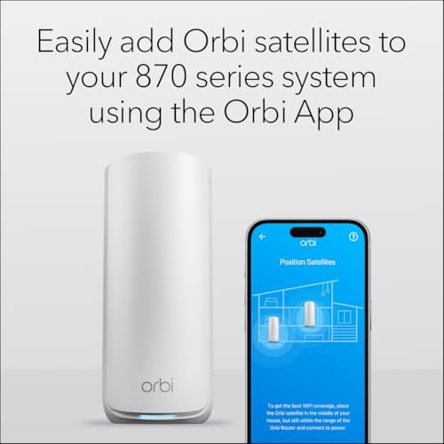 NETGEAR Orbi 870 Series  RBE870  Tri Band WiFi 7 Mesh Add on Satellite   Works with RBE872 and RBE873   Security Features  Adds Coverage Up to 3 000 Sq  Ft    BE21000 802 11be  Up to 21 Gbps 