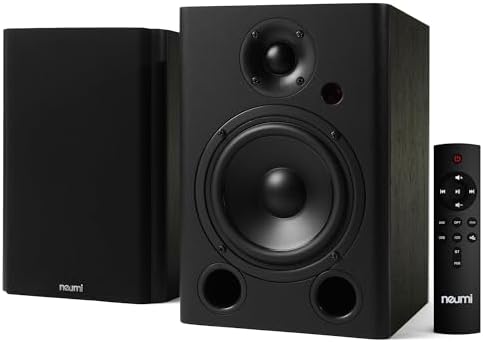 NEUMI BS5P ARC 75 Watt Powered Bookshelf Speakers  Bluetooth  HDMI  USB  Optical  Coaxial  Remote Control  5 Inch Woofer  1 Inch Tweeter  Dark Wood  1 Pair