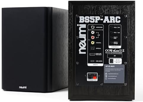 NEUMI BS5P ARC 75 Watt Powered Bookshelf Speakers  Bluetooth  HDMI  USB  Optical  Coaxial  Remote Control  5 Inch Woofer  1 Inch Tweeter  Dark Wood  1 Pair