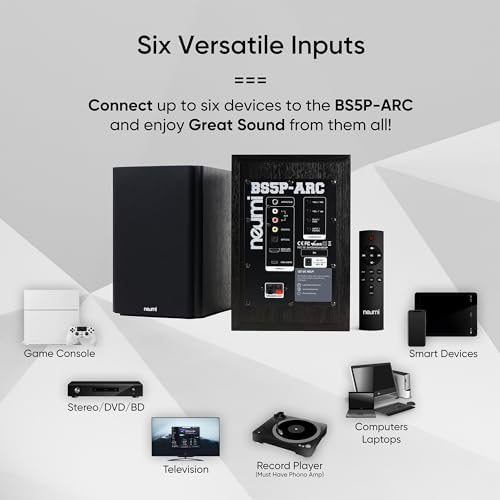 NEUMI BS5P ARC 75 Watt Powered Bookshelf Speakers  Bluetooth  HDMI  USB  Optical  Coaxial  Remote Control  5 Inch Woofer  1 Inch Tweeter  Dark Wood  1 Pair