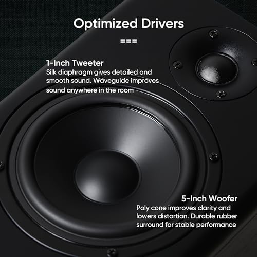 NEUMI BS5P ARC 75 Watt Powered Bookshelf Speakers  Bluetooth  HDMI  USB  Optical  Coaxial  Remote Control  5 Inch Woofer  1 Inch Tweeter  Dark Wood  1 Pair