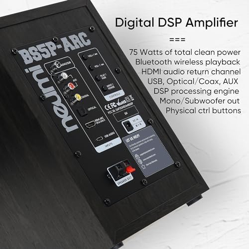 NEUMI BS5P ARC 75 Watt Powered Bookshelf Speakers  Bluetooth  HDMI  USB  Optical  Coaxial  Remote Control  5 Inch Woofer  1 Inch Tweeter  Dark Wood  1 Pair