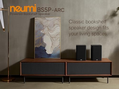 NEUMI BS5P ARC 75 Watt Powered Bookshelf Speakers  Bluetooth  HDMI  USB  Optical  Coaxial  Remote Control  5 Inch Woofer  1 Inch Tweeter  Dark Wood  1 Pair