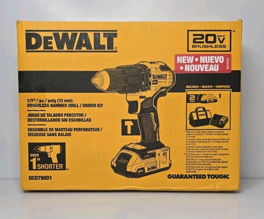 NEW DeWalt 20V MAX 1/2" BRUSHLESS Compact Hammer Drill/Driver Kit DCD798D1