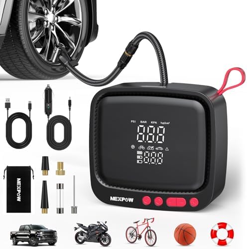 NEXPOW Tire Inflator Portable Air Compressor  180PSI Rechargeable Air Pump for Car Tires with Dual Digital Gauge & Auto Shut Off  Tire Pump for Car  Motorcycle  Bike  and Ball