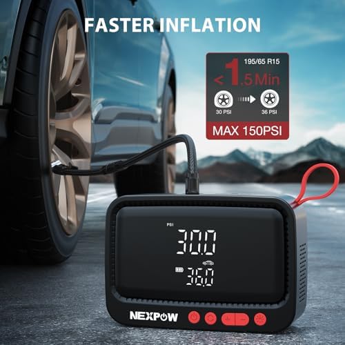 NEXPOW Tire Inflator Portable Air Compressor  180PSI Rechargeable Air Pump for Car Tires with Dual Digital Gauge & Auto Shut Off  Tire Pump for Car  Motorcycle  Bike  and Ball
