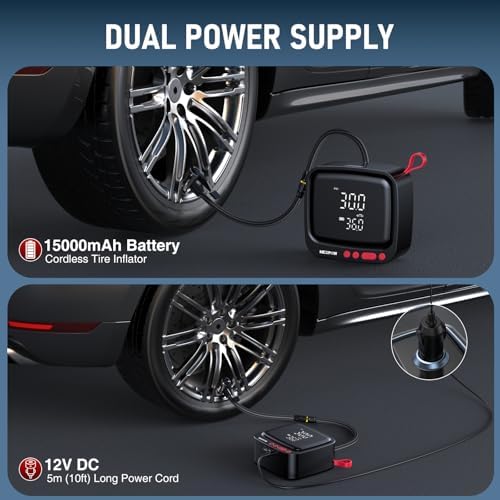 NEXPOW Tire Inflator Portable Air Compressor  180PSI Rechargeable Air Pump for Car Tires with Dual Digital Gauge & Auto Shut Off  Tire Pump for Car  Motorcycle  Bike  and Ball