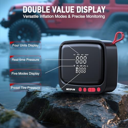 NEXPOW Tire Inflator Portable Air Compressor  180PSI Rechargeable Air Pump for Car Tires with Dual Digital Gauge & Auto Shut Off  Tire Pump for Car  Motorcycle  Bike  and Ball
