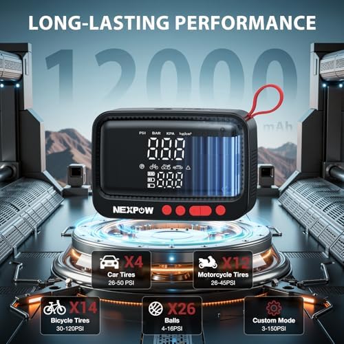 NEXPOW Tire Inflator Portable Air Compressor  180PSI Rechargeable Air Pump for Car Tires with Dual Digital Gauge & Auto Shut Off  Tire Pump for Car  Motorcycle  Bike  and Ball