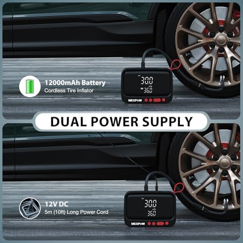 NEXPOW Tire Inflator Portable Air Compressor  180PSI Rechargeable Air Pump for Car Tires with Dual Digital Gauge & Auto Shut Off  Tire Pump for Car  Motorcycle  Bike  and Ball