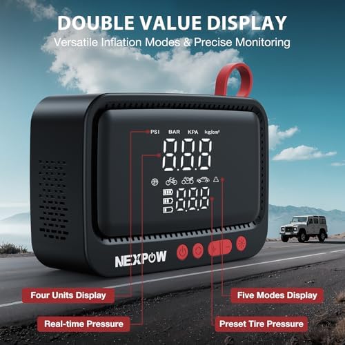 NEXPOW Tire Inflator Portable Air Compressor  180PSI Rechargeable Air Pump for Car Tires with Dual Digital Gauge & Auto Shut Off  Tire Pump for Car  Motorcycle  Bike  and Ball