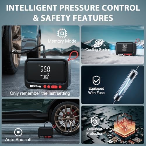NEXPOW Tire Inflator Portable Air Compressor  180PSI Rechargeable Air Pump for Car Tires with Dual Digital Gauge & Auto Shut Off  Tire Pump for Car  Motorcycle  Bike  and Ball
