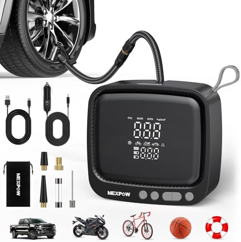 NEXPOW Tire Inflator Portable Air Compressor  180PSI Rechargeable Air Pump for Car Tires with Dual Digital Gauge & Auto Shut Off  Tire Pump for Car  Motorcycle  Bike  and Ball