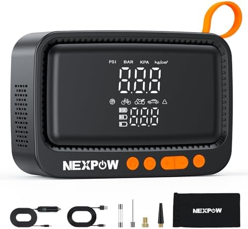 NEXPOW Tire Inflator Portable Air Compressor  180PSI Rechargeable Air Pump for Car Tires with Dual Digital Gauge & Auto Shut Off  Tire Pump for Car  Motorcycle  Bike  and Ball