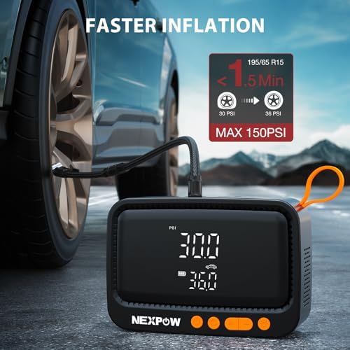 NEXPOW Tire Inflator Portable Air Compressor  180PSI Rechargeable Air Pump for Car Tires with Dual Digital Gauge & Auto Shut Off  Tire Pump for Car  Motorcycle  Bike  and Ball