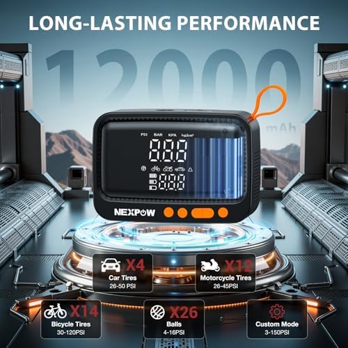NEXPOW Tire Inflator Portable Air Compressor  180PSI Rechargeable Air Pump for Car Tires with Dual Digital Gauge & Auto Shut Off  Tire Pump for Car  Motorcycle  Bike  and Ball