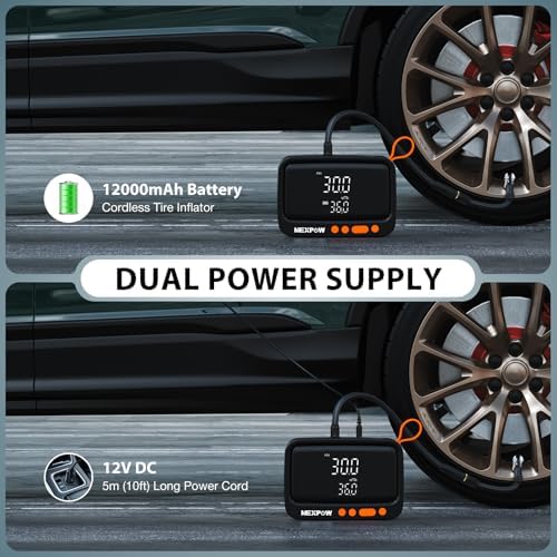 NEXPOW Tire Inflator Portable Air Compressor  180PSI Rechargeable Air Pump for Car Tires with Dual Digital Gauge & Auto Shut Off  Tire Pump for Car  Motorcycle  Bike  and Ball