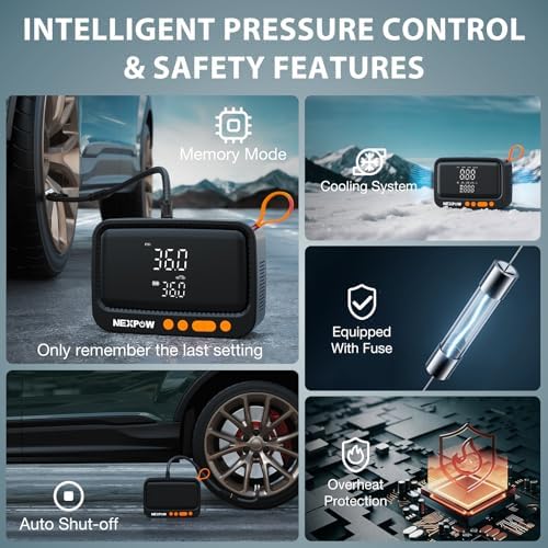 NEXPOW Tire Inflator Portable Air Compressor  180PSI Rechargeable Air Pump for Car Tires with Dual Digital Gauge & Auto Shut Off  Tire Pump for Car  Motorcycle  Bike  and Ball