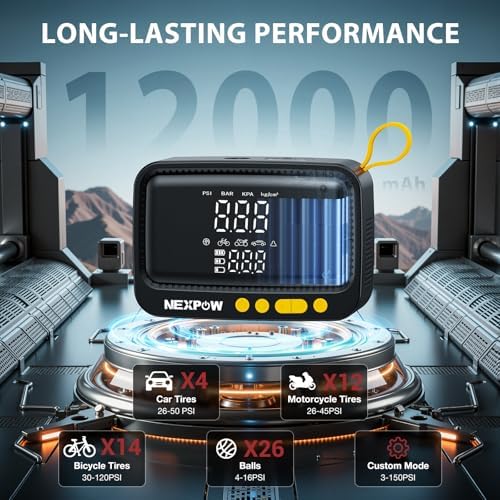 NEXPOW Tire Inflator Portable Air Compressor  180PSI Rechargeable Air Pump for Car Tires with Dual Digital Gauge & Auto Shut Off  Tire Pump for Car  Motorcycle  Bike  and Ball