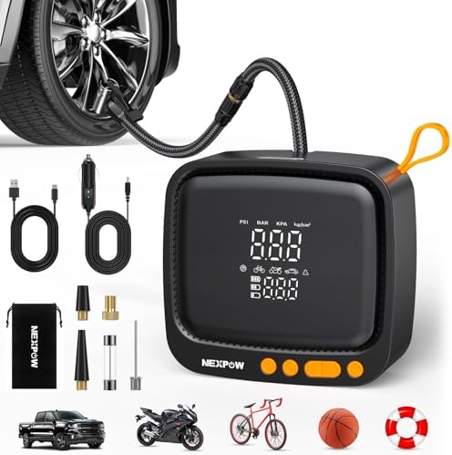 NEXPOW Tire Inflator Portable Air Compressor  180PSI Rechargeable Air Pump for Car Tires with Dual Digital Gauge & Auto Shut Off  Tire Pump for Car  Motorcycle  Bike  and Ball