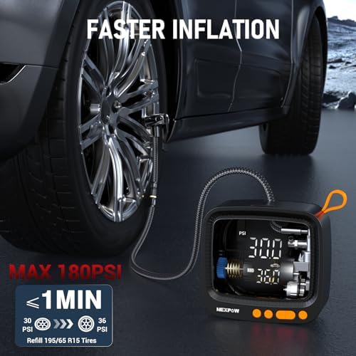 NEXPOW Tire Inflator Portable Air Compressor  180PSI Rechargeable Air Pump for Car Tires with Dual Digital Gauge & Auto Shut Off  Tire Pump for Car  Motorcycle  Bike  and Ball