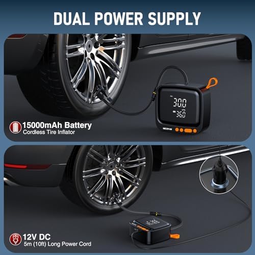 NEXPOW Tire Inflator Portable Air Compressor  180PSI Rechargeable Air Pump for Car Tires with Dual Digital Gauge & Auto Shut Off  Tire Pump for Car  Motorcycle  Bike  and Ball