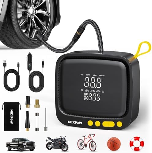 NEXPOW Tire Inflator Portable Air Compressor  180PSI Rechargeable Air Pump for Car Tires with Dual Digital Gauge & Auto Shut Off  Tire Pump for Car  Motorcycle  Bike  and Ball