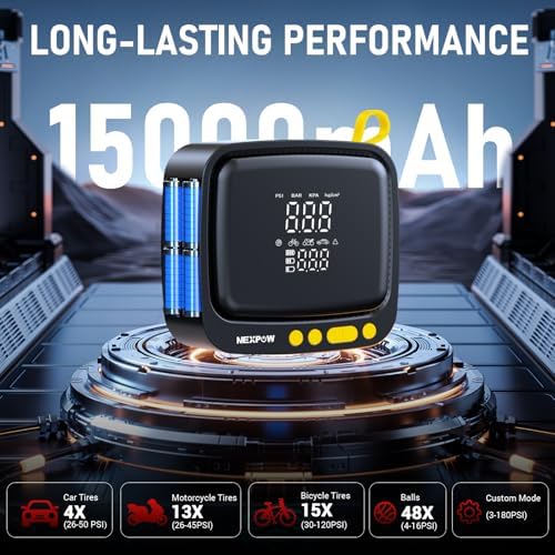 NEXPOW Tire Inflator Portable Air Compressor  180PSI Rechargeable Air Pump for Car Tires with Dual Digital Gauge & Auto Shut Off  Tire Pump for Car  Motorcycle  Bike  and Ball