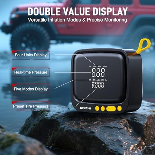 NEXPOW Tire Inflator Portable Air Compressor  180PSI Rechargeable Air Pump for Car Tires with Dual Digital Gauge & Auto Shut Off  Tire Pump for Car  Motorcycle  Bike  and Ball