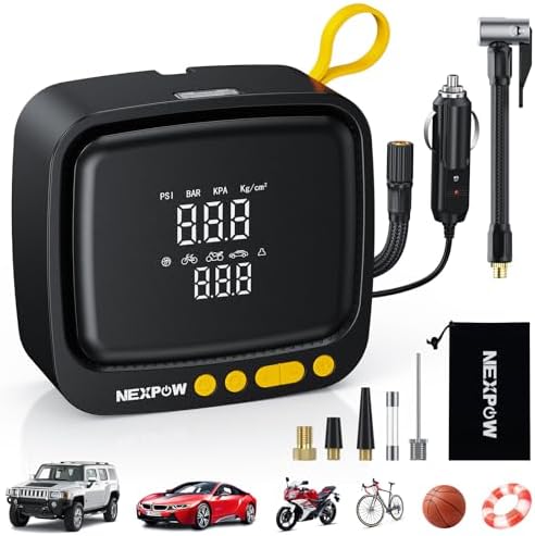 NEXPOW Tire Inflator Portable Air Compressor  180PSI Rechargeable Air Pump for Car Tires with Dual Digital Gauge & Auto Shut Off  Tire Pump for Car  Motorcycle  Bike  and Ball