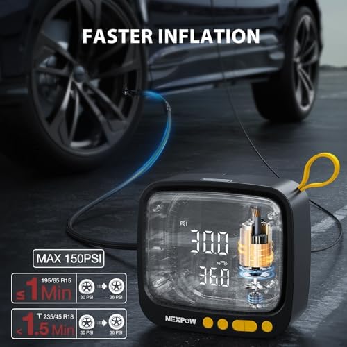 NEXPOW Tire Inflator Portable Air Compressor  180PSI Rechargeable Air Pump for Car Tires with Dual Digital Gauge & Auto Shut Off  Tire Pump for Car  Motorcycle  Bike  and Ball