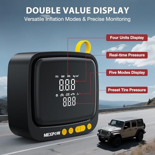 NEXPOW Tire Inflator Portable Air Compressor  180PSI Rechargeable Air Pump for Car Tires with Dual Digital Gauge & Auto Shut Off  Tire Pump for Car  Motorcycle  Bike  and Ball