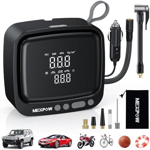 NEXPOW Tire Inflator Portable Air Compressor  180PSI Rechargeable Air Pump for Car Tires with Dual Digital Gauge & Auto Shut Off  Tire Pump for Car  Motorcycle  Bike  and Ball