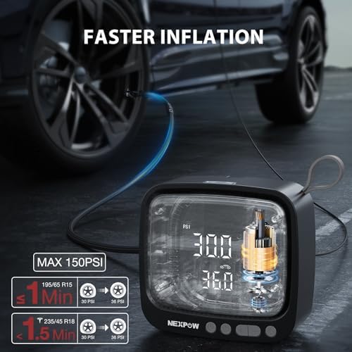 NEXPOW Tire Inflator Portable Air Compressor  180PSI Rechargeable Air Pump for Car Tires with Dual Digital Gauge & Auto Shut Off  Tire Pump for Car  Motorcycle  Bike  and Ball