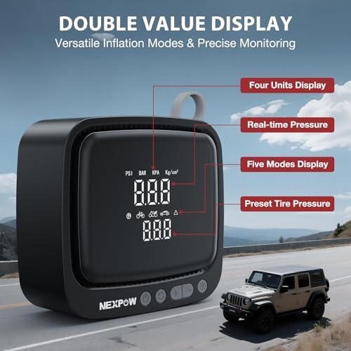 NEXPOW Tire Inflator Portable Air Compressor  180PSI Rechargeable Air Pump for Car Tires with Dual Digital Gauge & Auto Shut Off  Tire Pump for Car  Motorcycle  Bike  and Ball