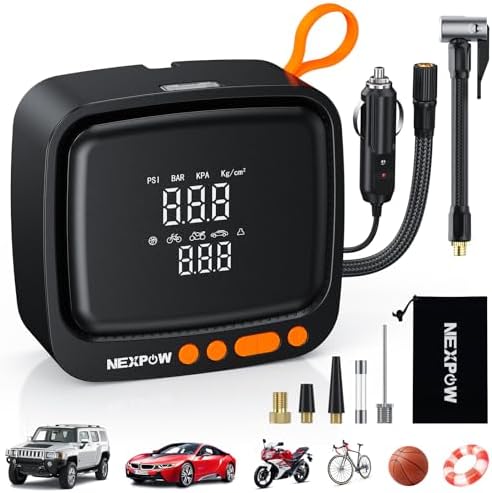 NEXPOW Tire Inflator Portable Air Compressor  180PSI Rechargeable Air Pump for Car Tires with Dual Digital Gauge & Auto Shut Off  Tire Pump for Car  Motorcycle  Bike  and Ball